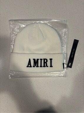 AMIRI White Ribbed Knit Beanie with Black Logo